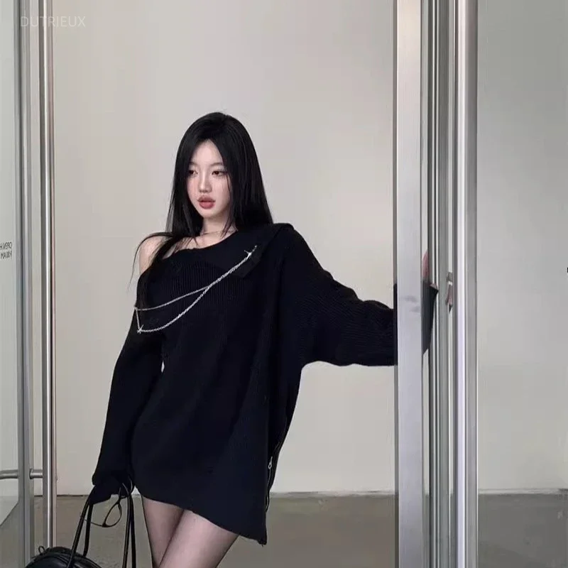 Y2k Long Pullovers Chains Vintage Halter Autumn Winter Solid Women Sweaters Retro Korean Fashion Loose Pull Femme