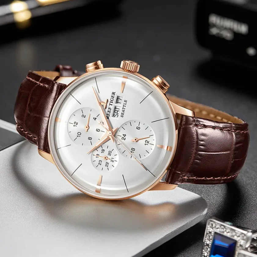Reef Tiger Men Automatic Watch 42mm Ultrathin Mechanical Wristwatch Switzerland Waterproof Sapphire Month Week Date 24 Hours