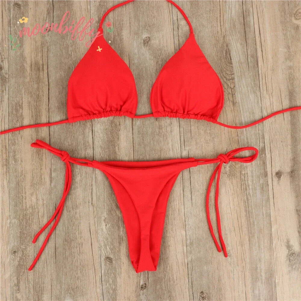 Women Thong Bikini Set Side Lace-up Sexy Swimsuit Bandage Neck Tie Swimwear Adjustable Brazilian Style Bikini Underwear