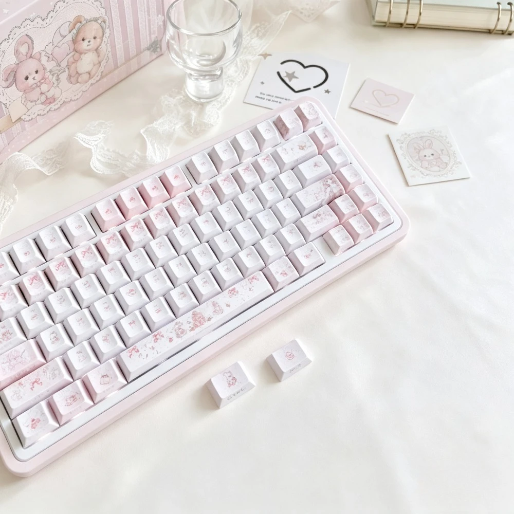 Rabbit Bear Sweet Velvet Theme Keycaps Set PBT Customized Cherry Profile Side Engraved Translucent Sublimation Accessories Gift