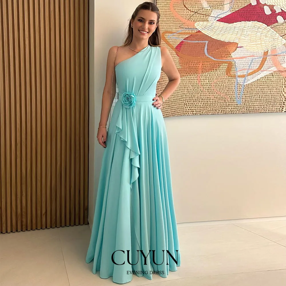 

CUYUN One Shoulder A Line Draped Prom Dresses Customized Sleeveless Handmade Flower Party Gown Luxury Formal Event Dresses