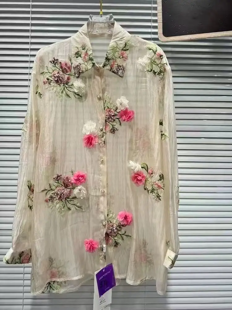 Luxe stijl bloemen borduurwerk glitter diamanten dunne zonnebrandcrème blouses shirts dames lange mouwen high street zomertops