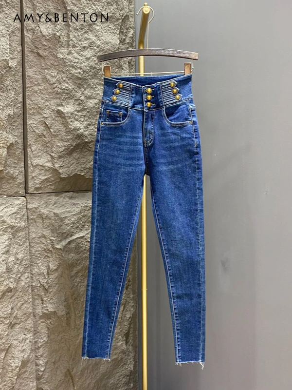 Street Fashion Three-breasted High-waisted Slim Jeans Women Spring Autumn New Solid Color Tight Elastic Hot Girl Y2K Jeans Woman