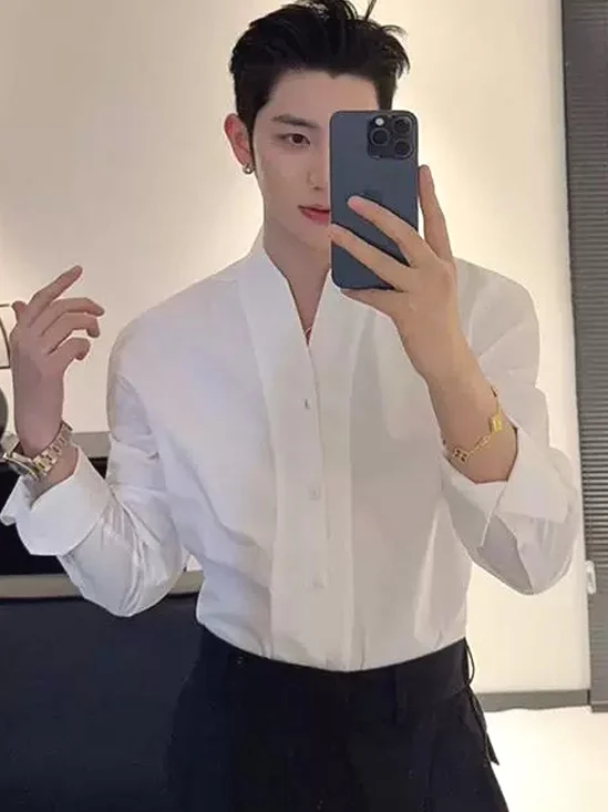 V-Neck Ice Silk Long Sleeve Shirt Men's No Ironing Nightclub Stylish Thin Western Style Base Shirt French Style Loose Fit