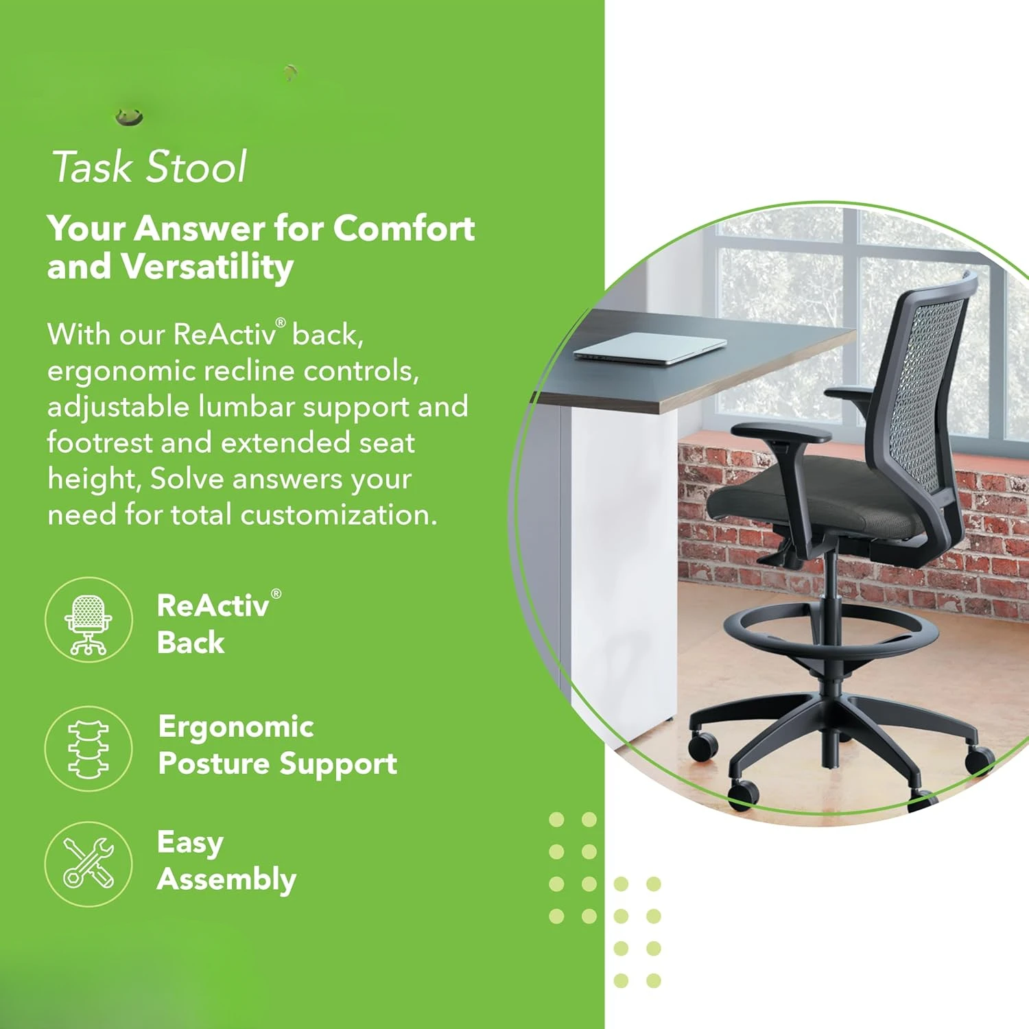 Tall Office Chair with Foot Rest, ReActiv High Back Support, Arms - Standing Desk Chair Ergonomic Office Chair Counter Height