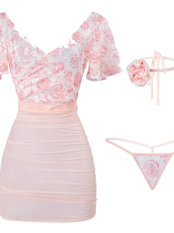 2025 New Sexy V-neck Backless Floral Rose Light Gauze Sweet Printed Short Sleeve Dress Women Cinching Waist Slim Dress E35R