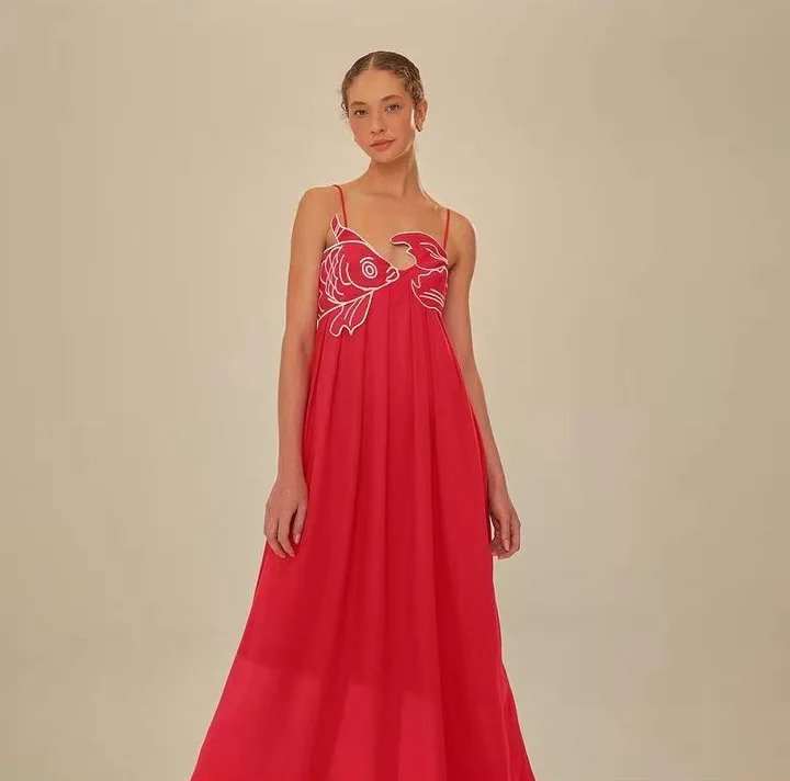 Design Fish-shaped Three-dimensional Embroidery Tube Top Pleated Red Suspender Dress Spring and Summer New European American