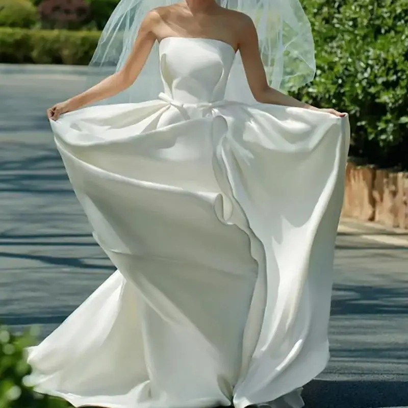 Elegant A-line Wedding Dress For Women Classic Sexy Strapless Bridal Dresses Floor-length Satin Simple Sukienka Na Wesele