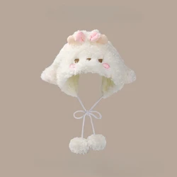 New Autumn and Winter Bow Decoration Lamb Ear Earmuffs Women's Korean Version Sweet and Cute Plush Lace-up Earflap Bomber Hats