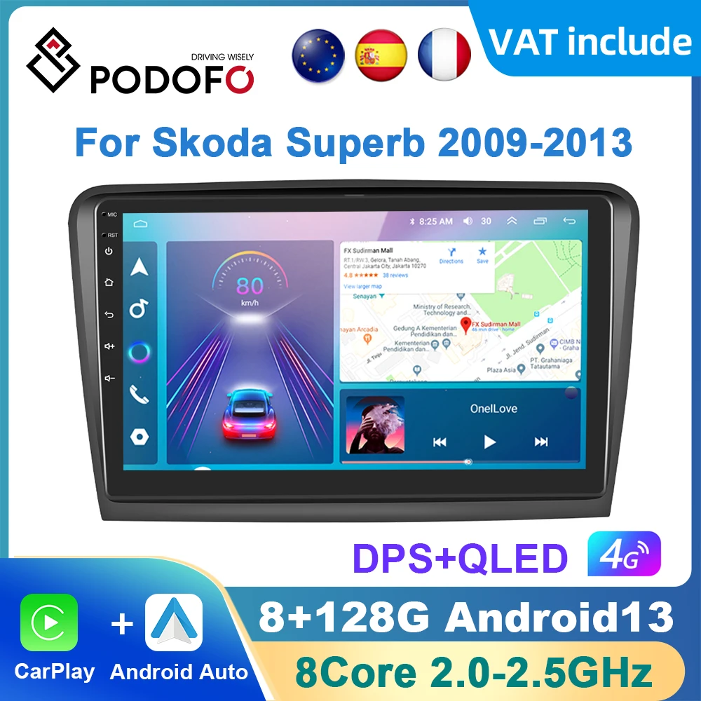 Podofo AI Voice Android Carplay Car Radio For Skoda Superb 2 2008 - 2015 Android Auto 4G Multimedia Navigation GPS autoradio DSP