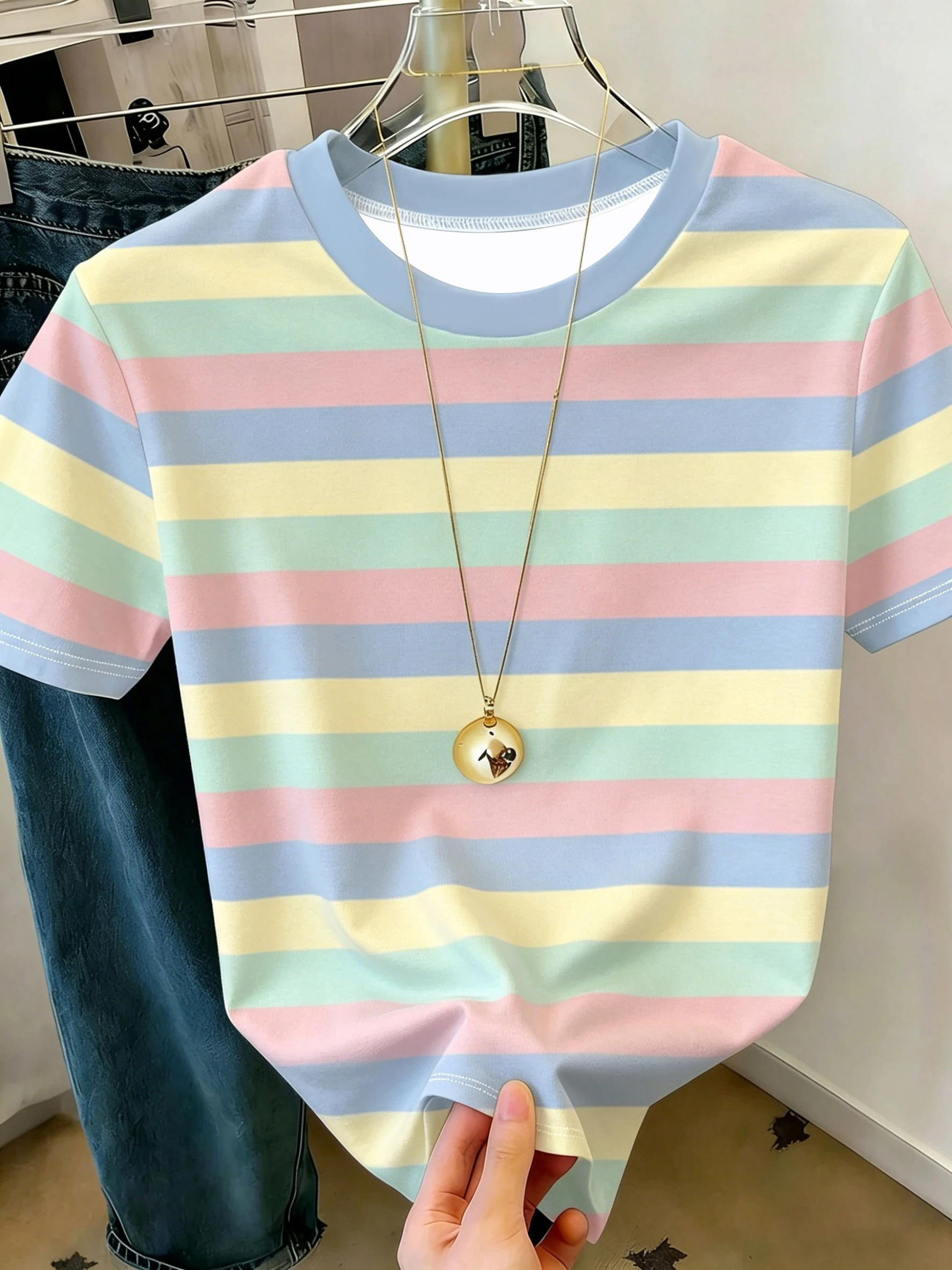 2026 New Women's Striped Printed Crew Neck Short Sleeve T-Shirt Casual Fashion Top in Various Colors And Sizes