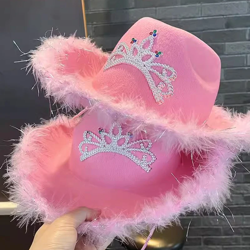 2024 Pink Feather Western Cowboy Hat Women British Retro Jazz Caps Theme Party Halloween Carnival Hats Wide Brim Wool Felt Hat