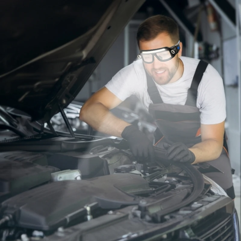 LED safety glasses with lighting function, rechargeable headlamp glasses, hands-free work lighting goggles with side flashlights