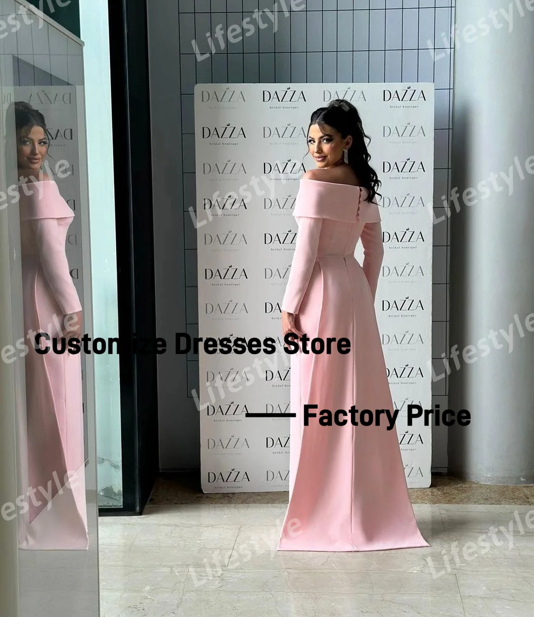 Customized Off Shoulder Beads Floral Appliques Long Sleeves Prom Dress Pink Elegant Evening Dresses For Wedding Party Gown