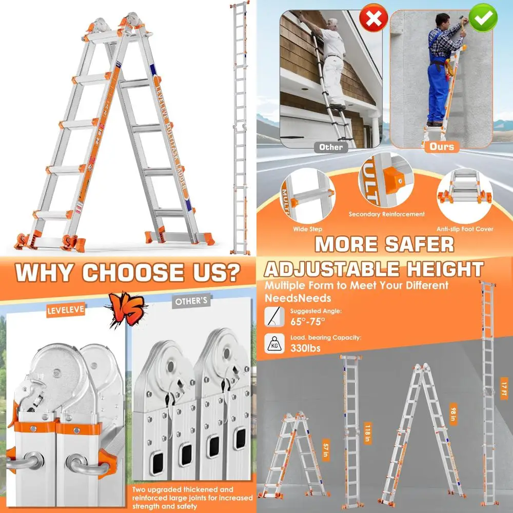 

Multi-Position 17-Foot A-Frame 5-Step Ladder with Stabilizer Bar and Wheels, 330 lbs Load Capacity Extension Ladder for Secure U