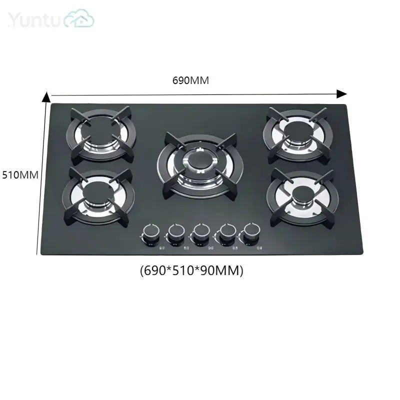Built-In 5-Burner Multi-Head Gas Stove Tempered Glass Panel LPG/Natural Gas Battery Hotel Home Use Electronic Ignition