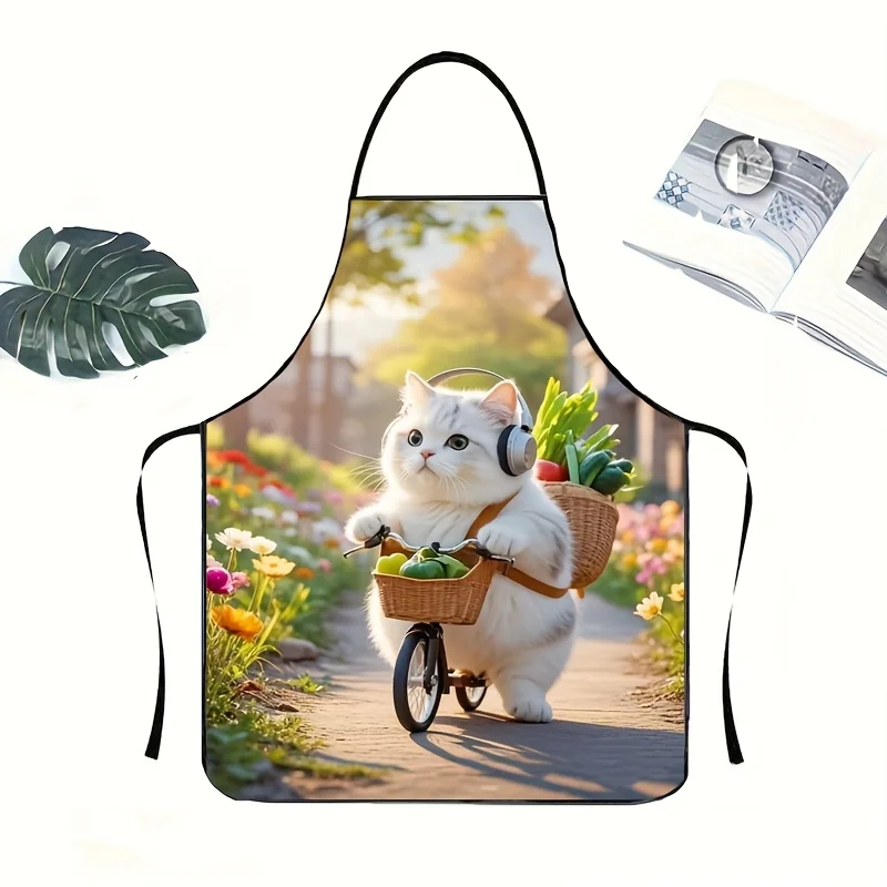 1pc Adorable Fat Cat Bicycle Floral Kitchen Apron - Perfect for Men & Women, Garden & Outdoor Use