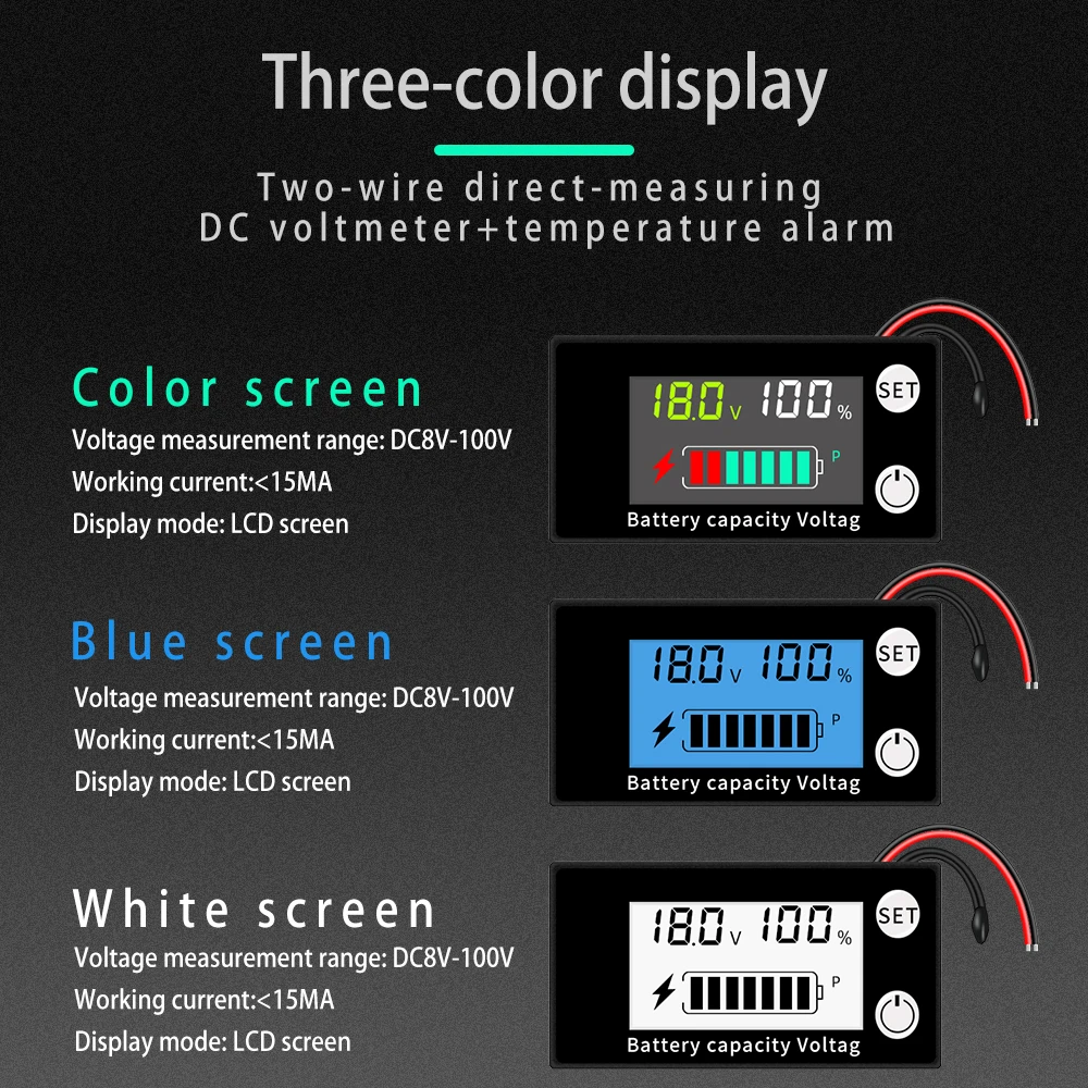 Battery Capacity Indicator DC 8V-100V LCD Acid Lithium LiFePO4 Car Motorcycle Digital Voltmeter Two-wire with Alarm Function