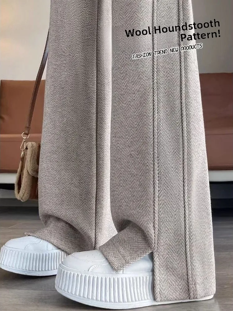 

High Waist Thiened Fce Women's Autumn Winter Woolen Pants Casual Loose Straight Leg Trousers Wide Leg Pants