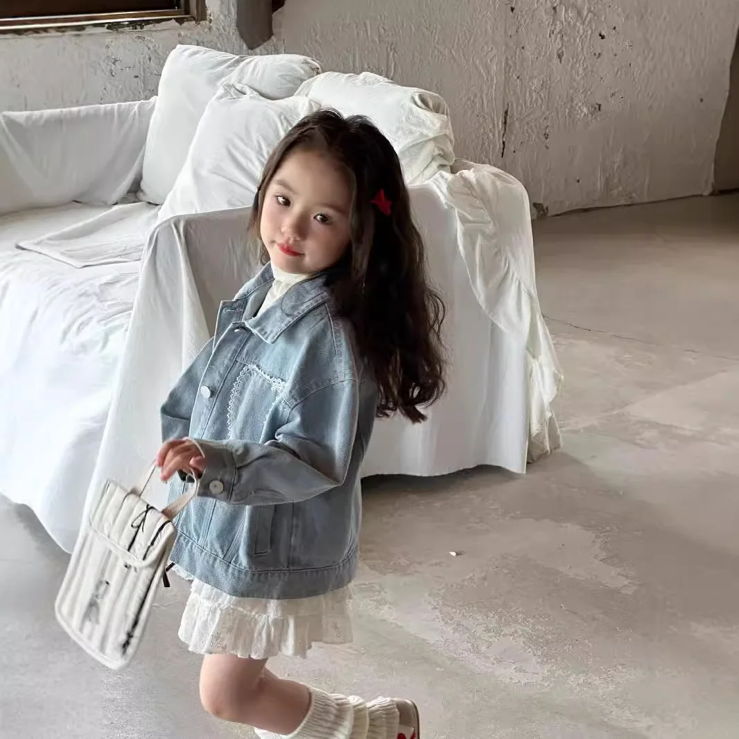 Children Blue Denim Lace Love Jacket White Layered Short Skirt 2024 Autumn New Children Spring and Autumn Clothes