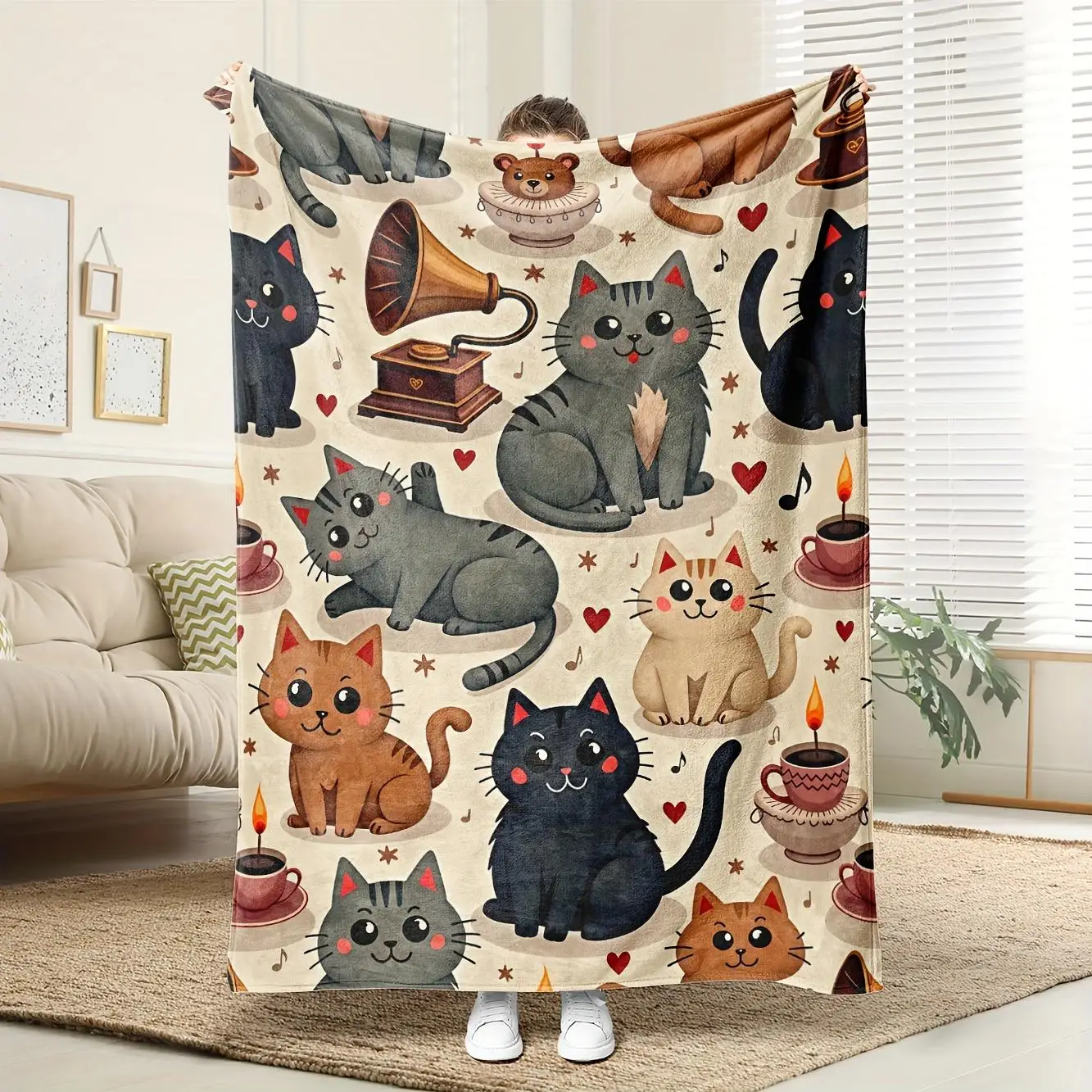 Short-haired cat pattern, beige, heart-shaped and paw-print pattern - machine washable fiber blanket suitable for beds and sofas