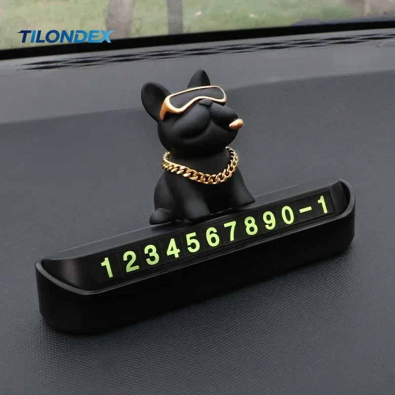 TILONDEX Luxury French Bulldog Car Temporary Parking Phone Number Plate Premium Interior Decoration Accessory