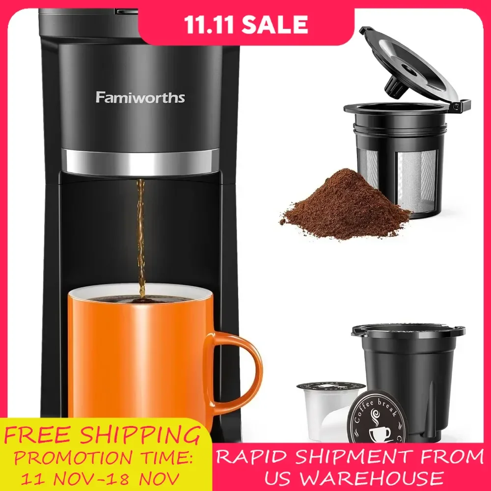 Capsule Coffee Machine Mini Coffee Maker Single Serve, Instant One Cup for K Cup & Ground Coffee, 6 to 12 Oz Brew Sizes,