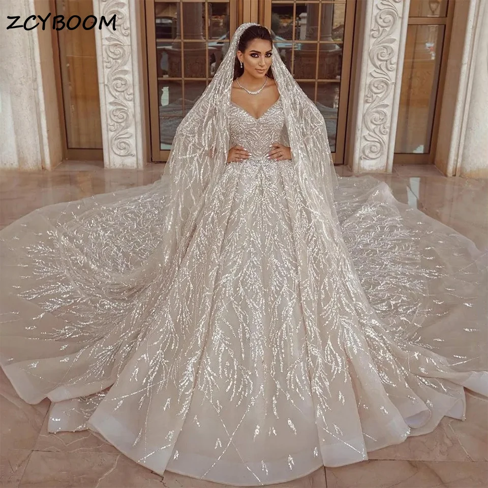 Luxury V-Neck Sparkly Sequined Ball Gown Wedding Dresses 2026 Princess Dubai Arabian Long Sleeves Bridal Gowns Vestidos De Novia