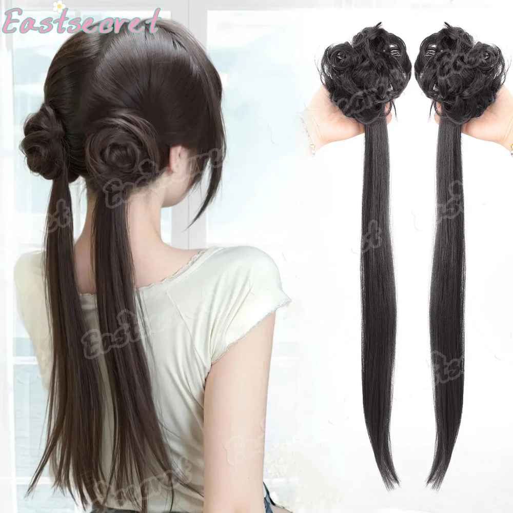 EAST 24 Inch Wig with Ponytail and Hair Clip, Sweet and Cute Double Ponytail Braided Synthetic Wig for Women