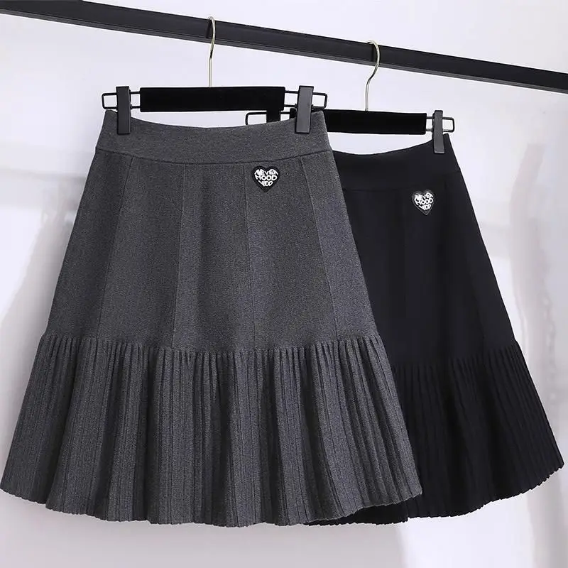 Autumn Winter All-match Preppy Style Solid Color Elastic Waist Pleated Skirt Femme Casual Korean Knitting High Waist Skirts