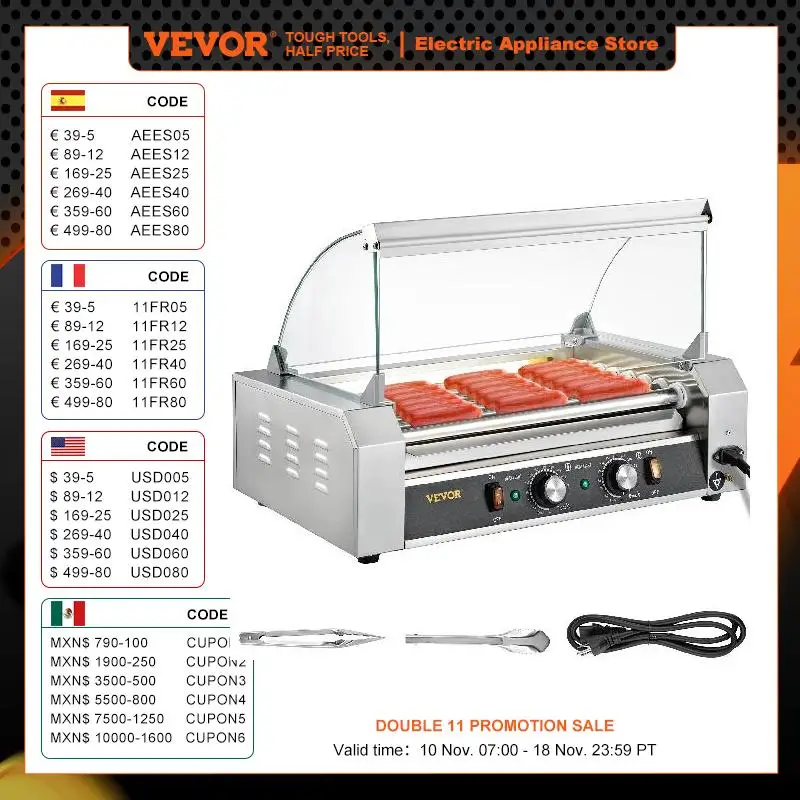 VEVOR Hot Dog Roller 5/7/11 Rods Stainless Steel Electric Sausage Grill Cooker With Dual Temp Control Barbecue Grill Machine