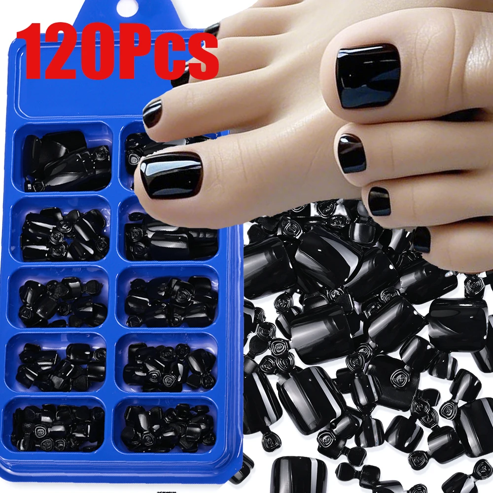 เล็บปลอมแบบสั้นสีพื้น 120 ชิ้น/กล่อง สีขาว/ดำ/แดง/ดำ แบบกดติดเต็มเล็บ