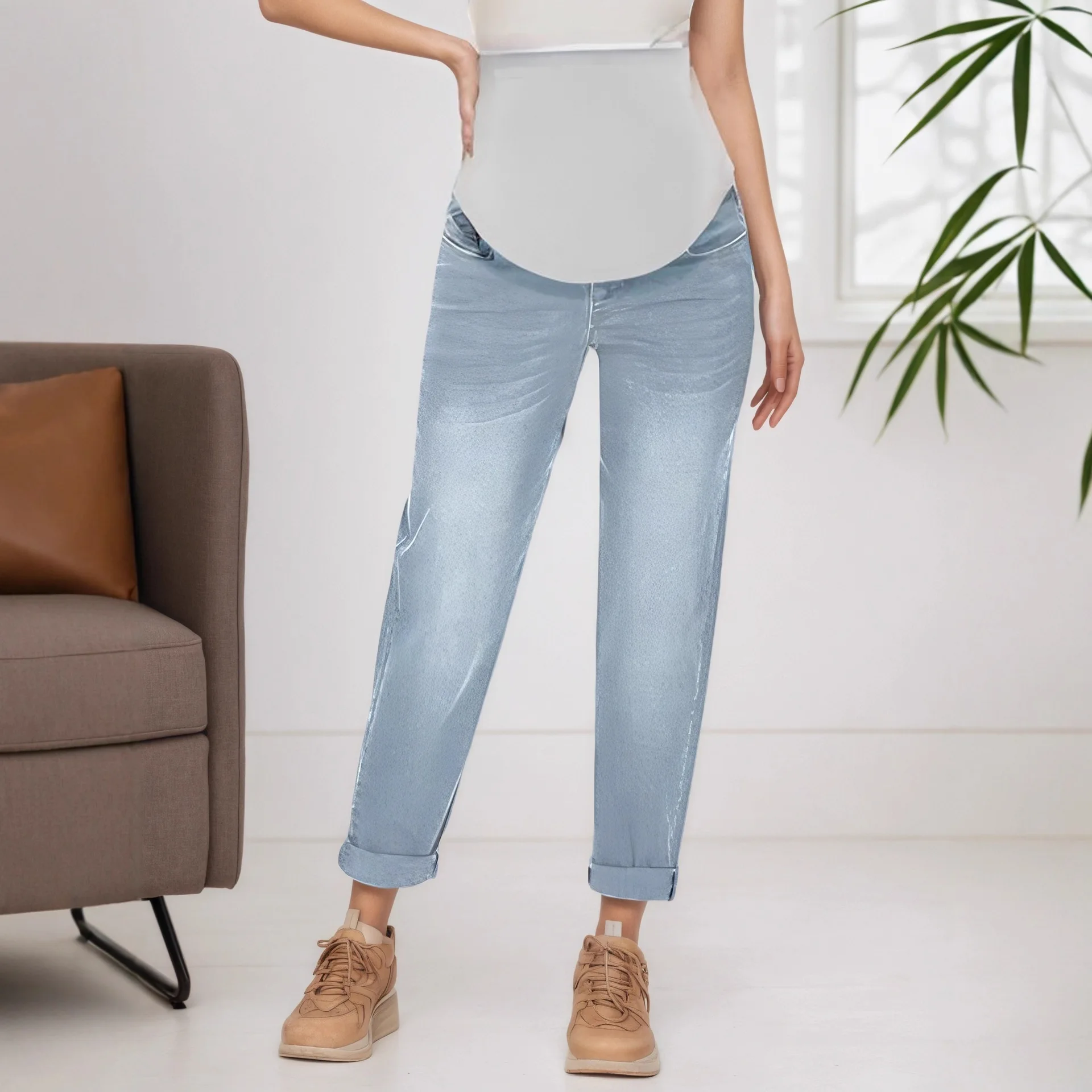 

Pregnant Women Denim Pants Maternity Elastic High Waist Belly Support Jeans New 2026 Spring Autumn Casual Pregnancy Clothing