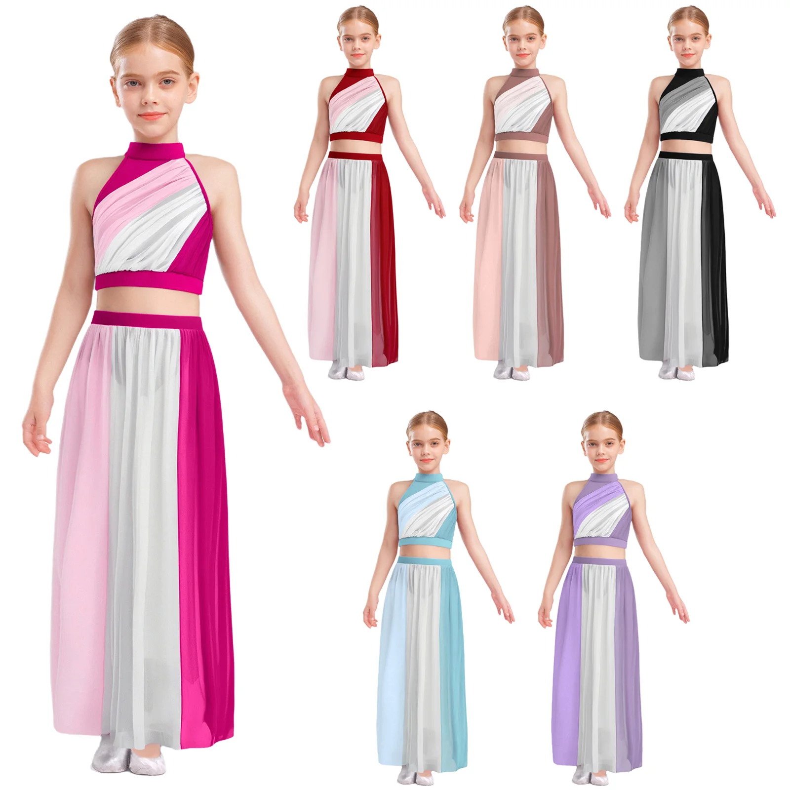 

2 Pcs Kids Girls Lyrical Dance Costumes Sleeveless Color Block Ruched Front Keyhole Back Crop Top with Split Flowy Chiffon Skirt