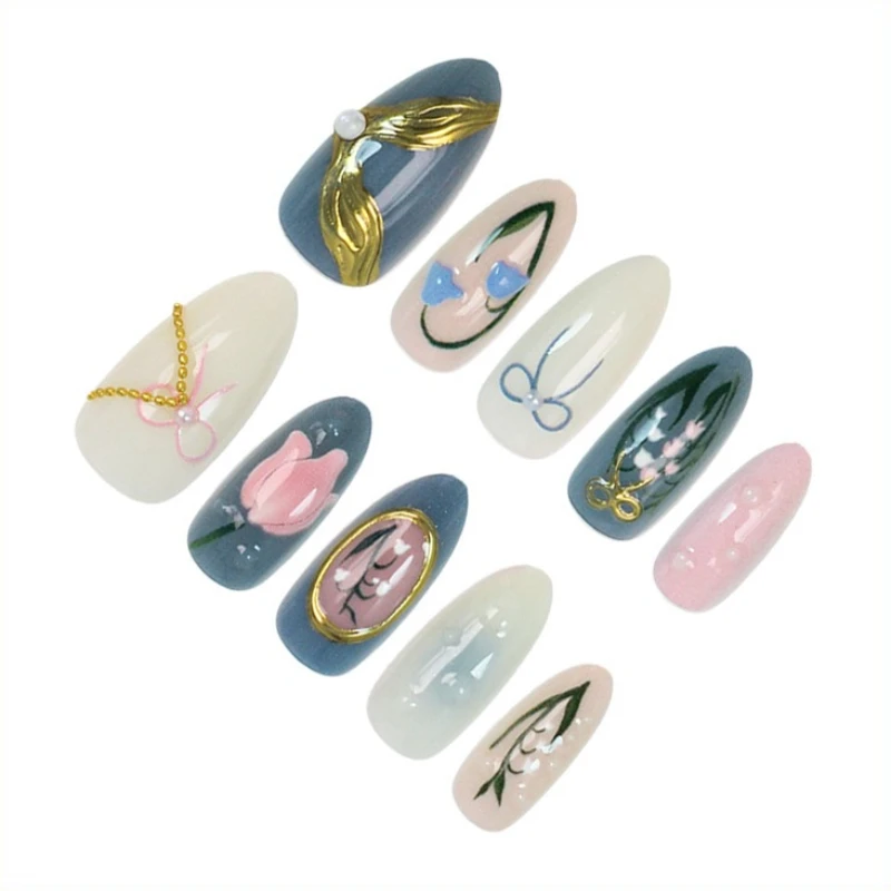 

24PCS 3D Bow Gold Line Dew Drop Design Накладные ногти Синий Розовый Лилия долины Миндаль Форма Пресс на ногти Элегантный сладкий дизайн ногтей