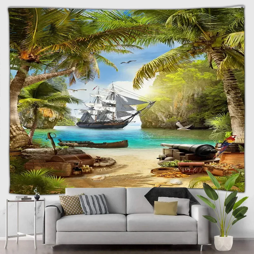 Hawaii Scenery Outdoor Tapestry Ocean Beach Tropical Plants Sailboat Simulation Window Home Patio Wall Decor Living Room Mural