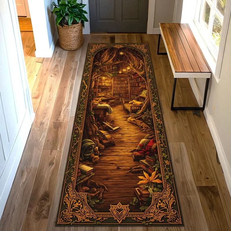 Fantasy Library Tree Runner Rug Forest Book Nook Design Soft Non-Slip Hallway Carpet Vintage Botanical Woodland Patterns Mat