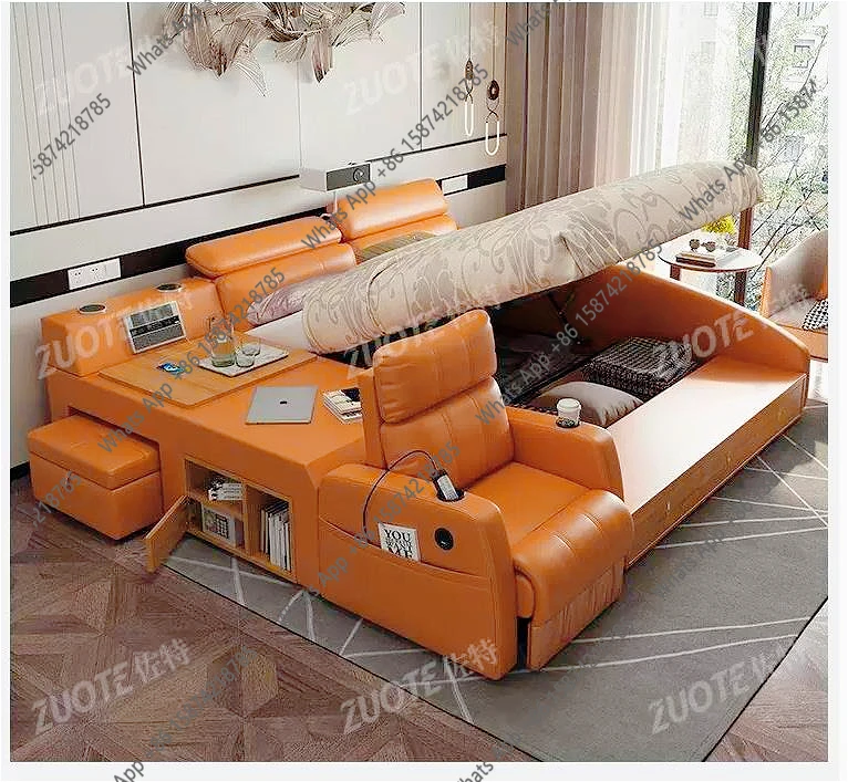 Cama Inteligente Eléctrica Multifuncional XcN49, Cama de Cuero Tatami para Dormitorio Principal, Sofá Cama Queen Moderno y Sencillo con Proyector