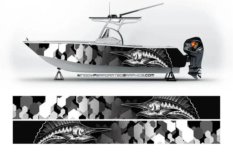 

Camo Black and White Marlin Fish Graphic Vinyl Boat Wrap Fishing Pontoon Sportsman Skiffs Bowriders Watercraft etc.. Boat Wrap D