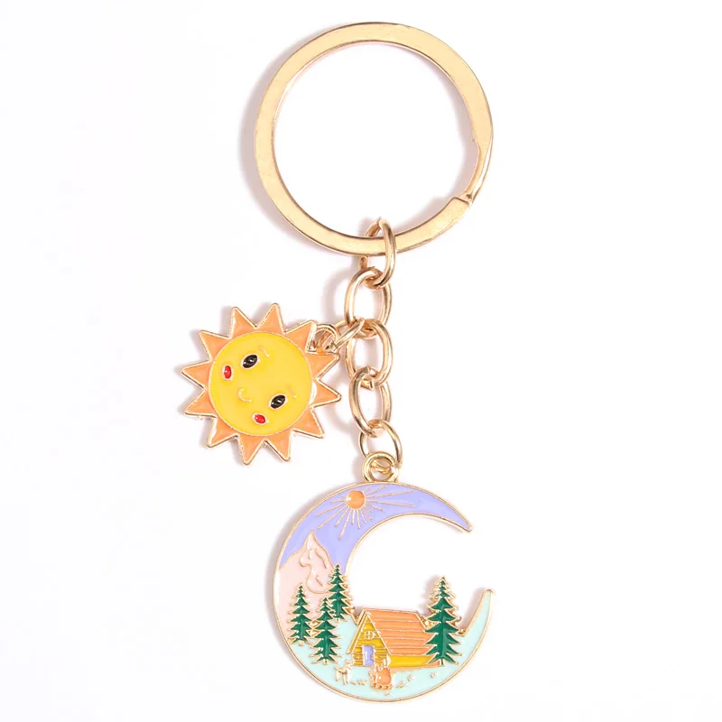 Cute Enamel Keychain Sun Forest House Mountain Key Ring Moon Key Chains For Women Men Handbag Accessorie DIY Jewelry Gifts
