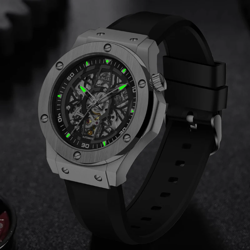 LIGE Design Hollow Out Automatic Watches for Men Fashion Luxury Silicone Mechanical Man Watch Waterproof Luminous Wristwatch+Box