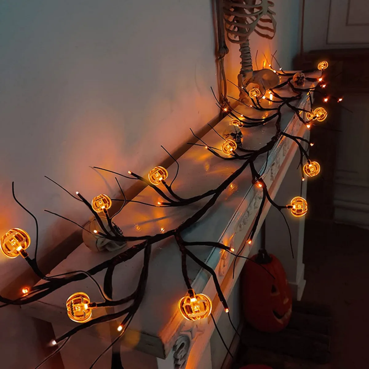 1PC 54LED Halloween Pumpkin String Light Waterproof Black Willow Vine Light Bendable Tree Lamp With Pumpkin For Party Decor