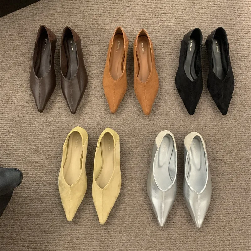 

High Heeled Women's Suede Low Heel 2025 Spring/summer New Item Pointed Shallow Mouth Flat Bottom Black Work Single Shoe