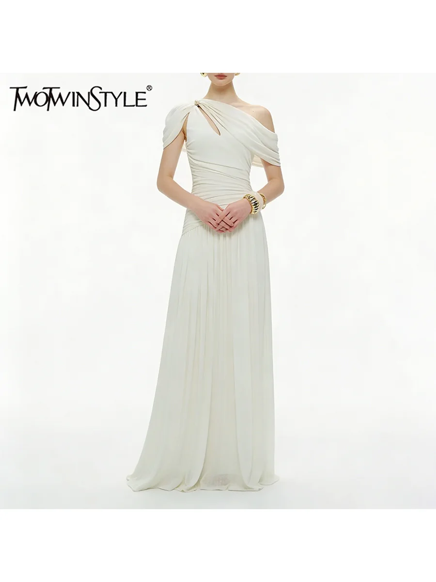 

TWOTWINSTYLE Hollow Out Long Dresses for Women Diagonal Collar Short Sleeve High Waist Patchwork Metal Buckle Solid Dress Female