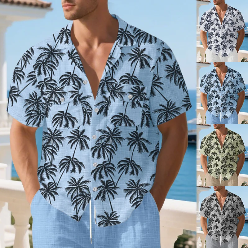 Blouse men 2026 casual faux bambus-shaped loose vacation Hawaiian casual short-sleeved shirt for men's clothing