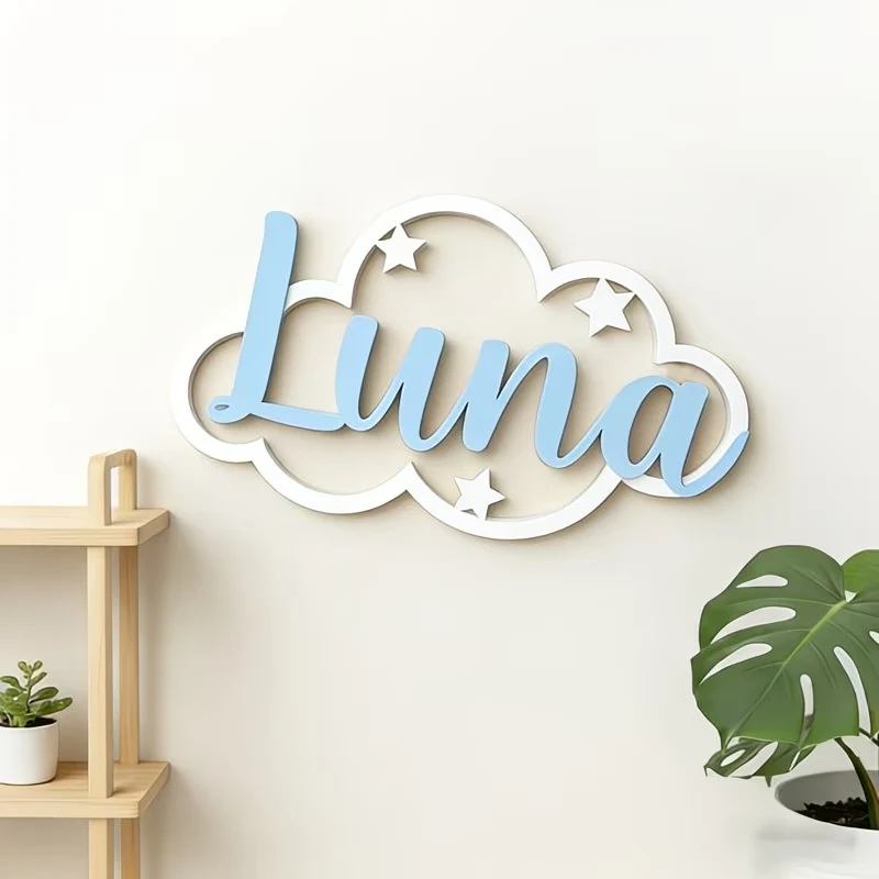1 Stück doppelschichtiges Namensschild aus Holz, ideales Geschenk für Geburt, Taufe und Wanddekoration, niedliches Wolkenmuster