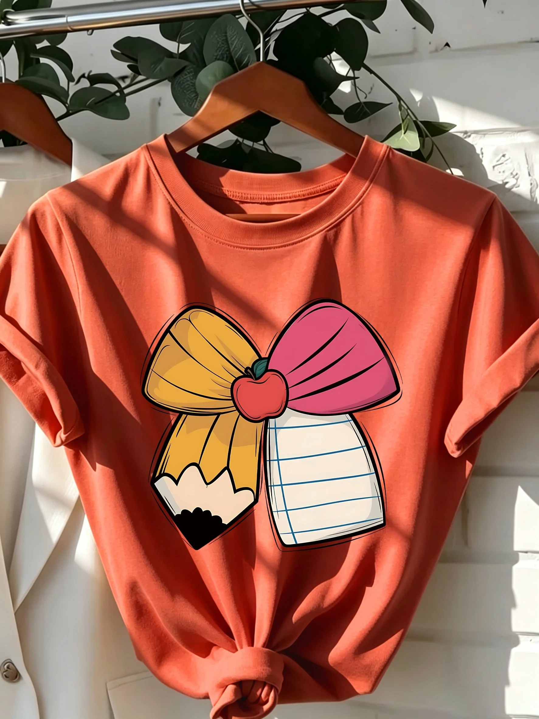 Playful Teacher Gift, Apple Bow Printed T-shirt, Casual Round Neck Short Sleeved Cotton Top, Fashionable Women's Clothing