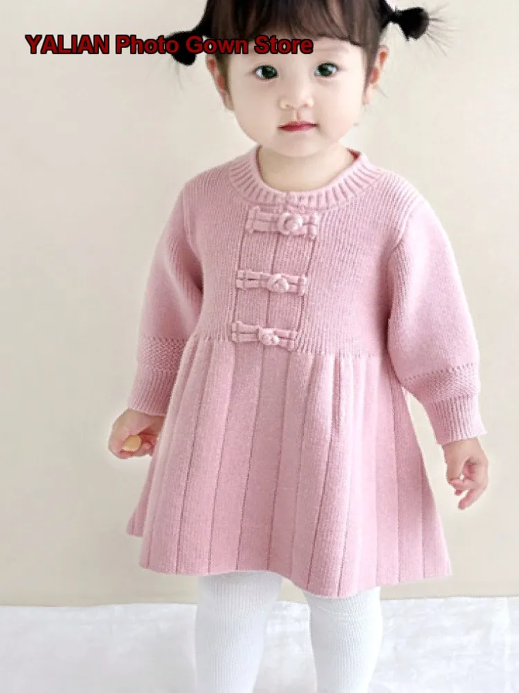 Baby Girl Knit Dress Chinese Style Autumn Winter Long Sleeves Base Layer Top Solid Color