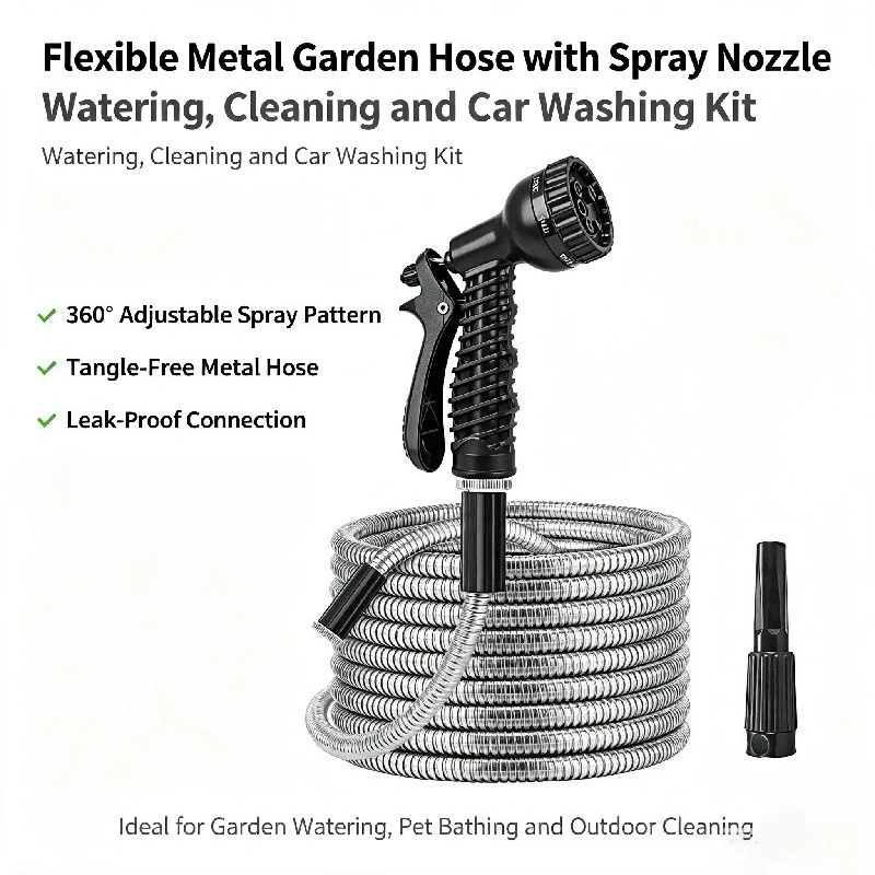 25FT/50FT/100FT Heavy Duty Stainless Steel Garden Hose Garden Watering Kit Metal Water Hose with 2 Nozzles 12 Patterns Flexible Extendable Kink Tangle Puncture Resistant For Patio Pet Car Washing Watering