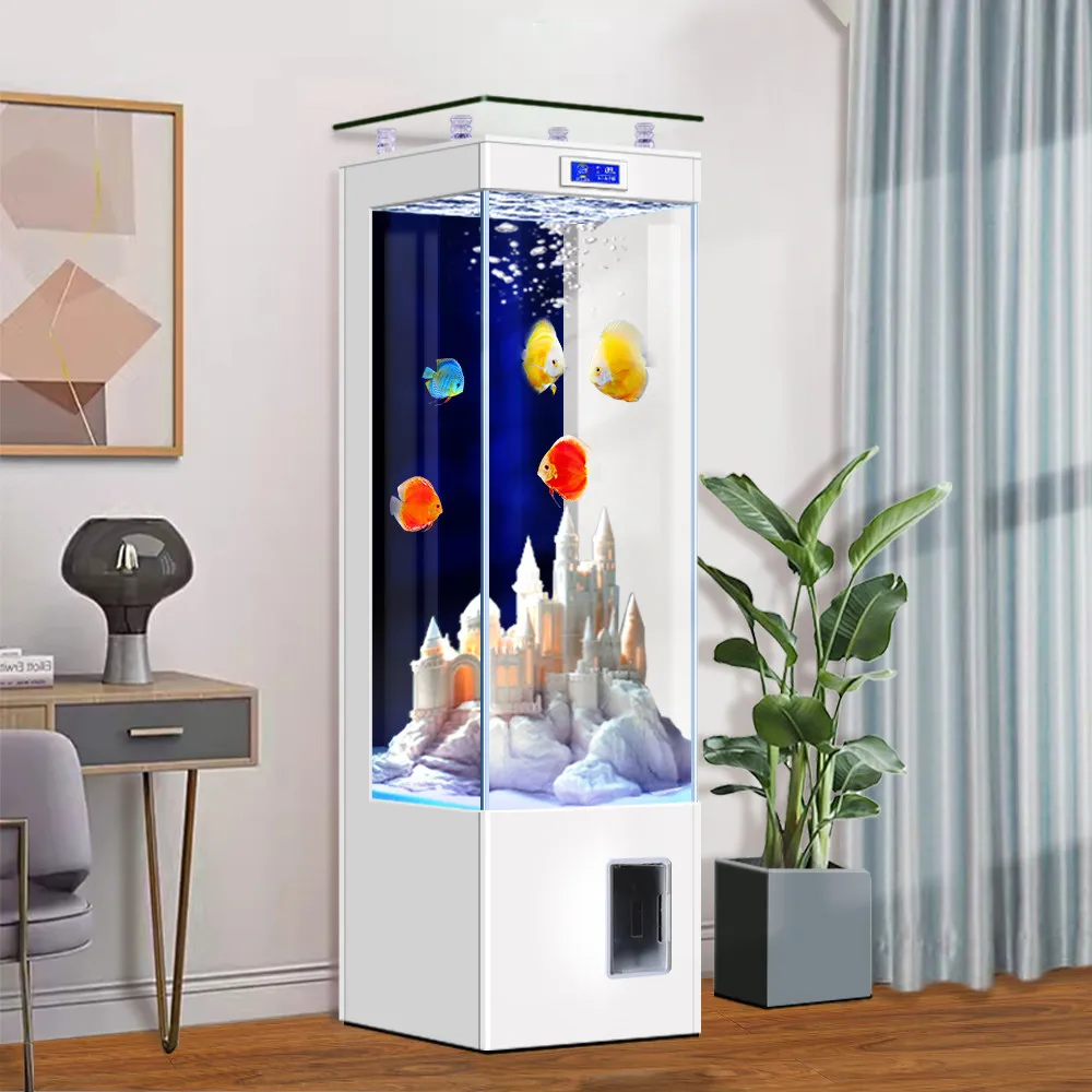 Integrated ultra-white glass fish tank with cabinet, living room, household vertical ecological small intelligent goldfish tank